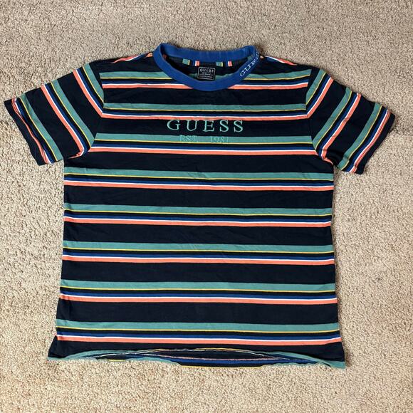 Guess Embroidered Striped Pattern T-Shirt Mens Sz S Black Orange Green Retro - Picture 1 of 4